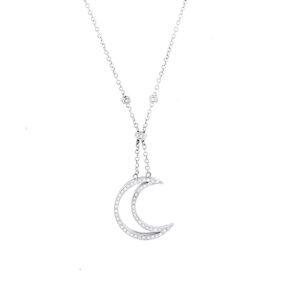 Collana in oro bianco 18 kt maglia rolo con pendente a luna impreziosito da 65 diamanti taglio brillante totale 0.65 ct colore GH purezza VS, made in Italy.