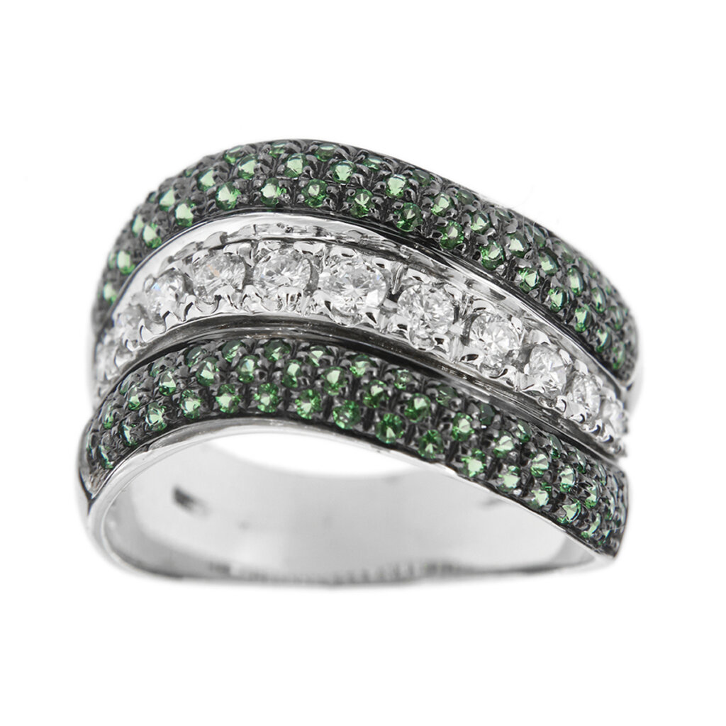 Anello a fascia con diamanti e smeraldi