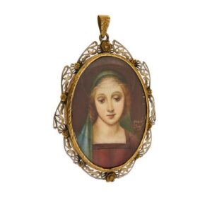 Ciondolo antico ovale in oro giallo 18 kt raffigurante Madonna dipinta.