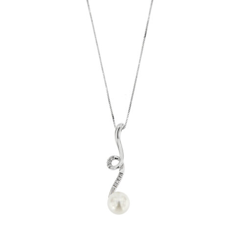 Collana in oro bianco 18 kt maglia veneta con ciondolo impeziosito da una perla di acqua dolce colore bianco sfumatura grigia da 8-8.5 mm, ottima lucentezza e 7 diamanti taglio brillante da 0.01 ct cad totale 0.07 ct Colore GH Purezza VS.