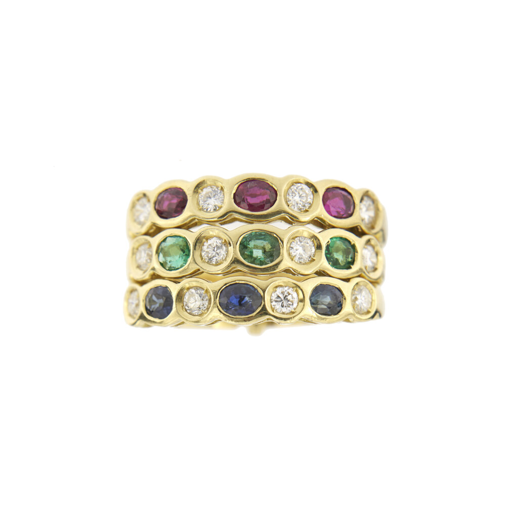 anello riviere oro giallo con rubini, zaffiri, smeraldi e diamanti 9