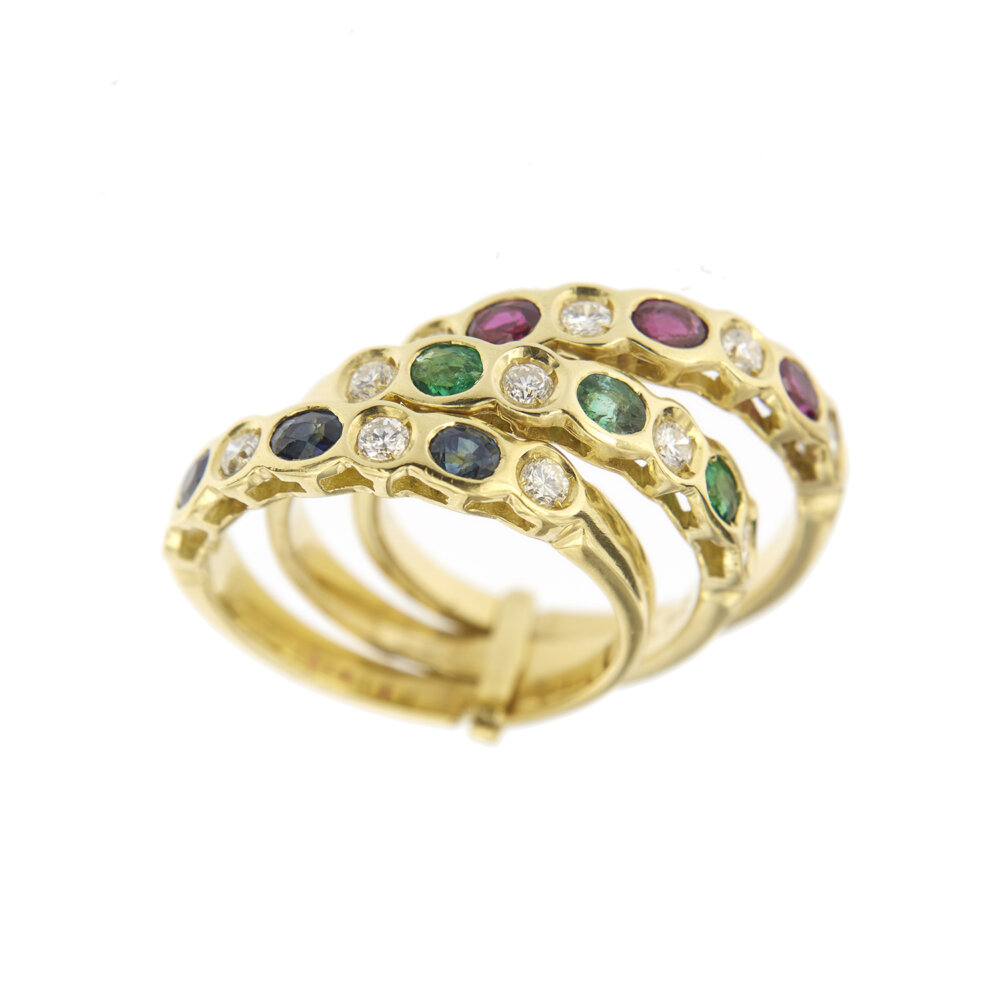 anello riviere oro giallo con rubini, zaffiri, smeraldi e diamanti
