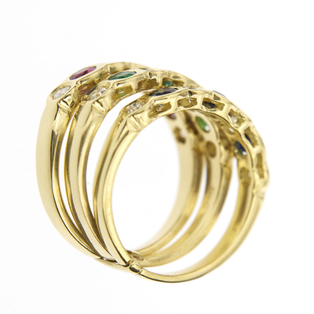 anello riviere oro giallo con rubini, zaffiri, smeraldi e diamanti 2