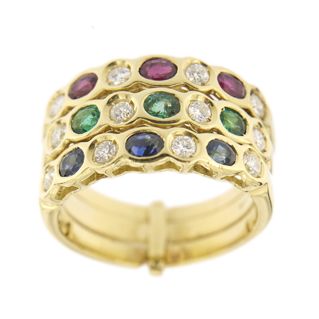Riviere ring with rubies, sapphires, emeralds and diamonds