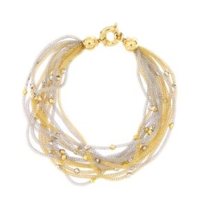 Bracciale multifilo con 14 filamenti: 7 in oro giallo e 7 in oro bianco con palline sfaccettate in oro giallo e bianco 18 kt. Gancio con a lato due sfere.