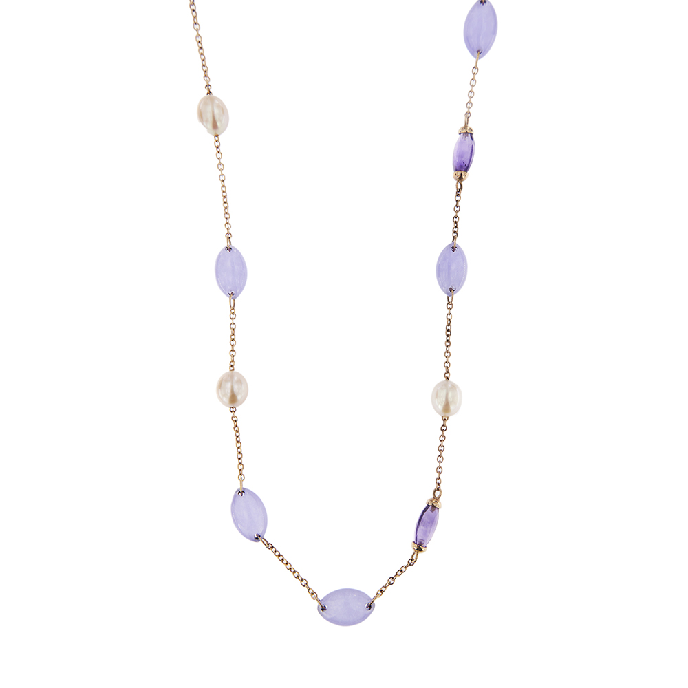 Necklace with amethysts, jades and pearls