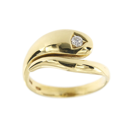 Anello contrarié in oro giallo 18 kt a forma di serpente con testa impreziosita da un diamante, taglio brillante da 0.08 ct , colore GH e purezza SI.