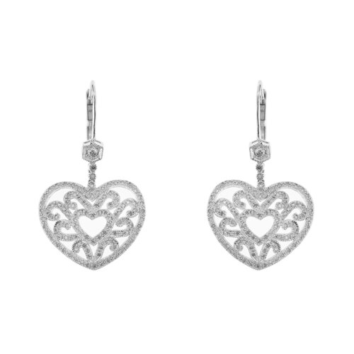 Orecchini pendenti a monchella in oro bianco 18 kt a forma di cuore traforato impreziosito da 216 diamanti: 2 taglio brillante da 0.08 ct cad. , 6 taglio huit-huit da 0.01 ct cad. e 208 huit-huit da 0.005 ct cad. totale 1.26 ct - colore IJ e purezza SI.