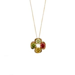 Collana in oro giallo 18 kt maglia veneta con ciondolo a forma di quadrifoglio con 4 zirconie cubiche rotonde colorate (giallo chiaro, giallo scuro, arancione e verde), diametro 1 cm e 12 diamanti taglio brillante da 0.01 ct cad. totale 0.12 ct - colore FG purezza VS.