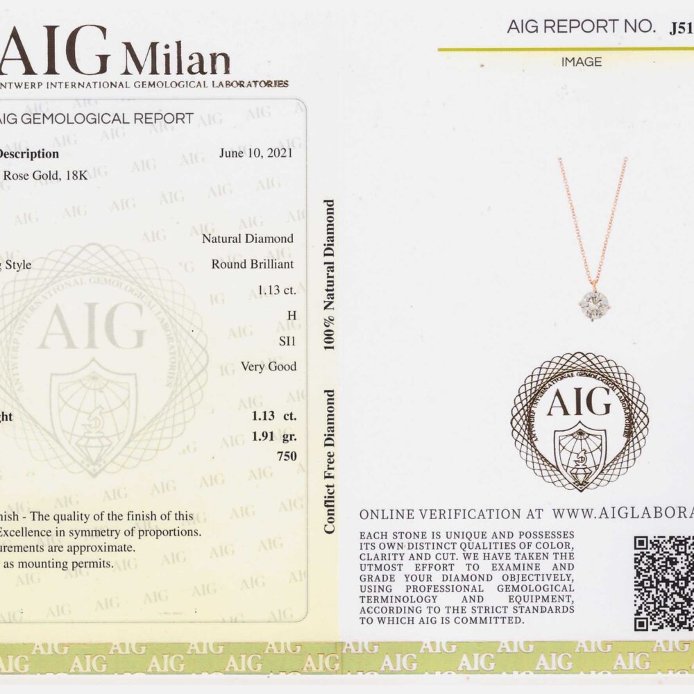 Certificato AIG MILAN collana punto luce