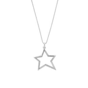 Collana in oro bianco 18 kt, maglia spiga con ciondolo a forma di stella con diamanti taglio brillante da 0.01 ct cad., totale 0.27 ct - colore FG e purezza VS.