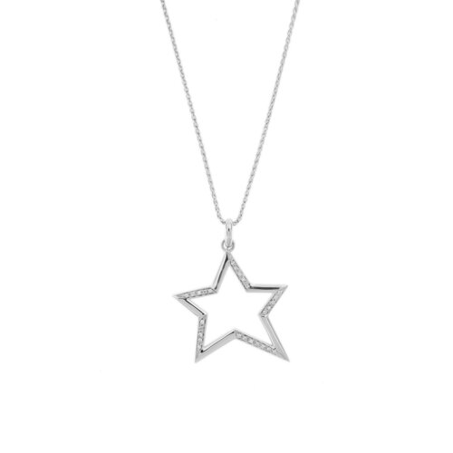 Collana in oro bianco 18 kt, maglia spiga con ciondolo a forma di stella con diamanti taglio brillante da 0.01 ct cad., totale 0.27 ct - colore FG e purezza VS.