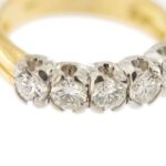 zoom dettaglio diamanti su anello riviere oro bianco ed oro giallo
