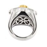 visione interna e retro di anello in oro con diamanti e rubino