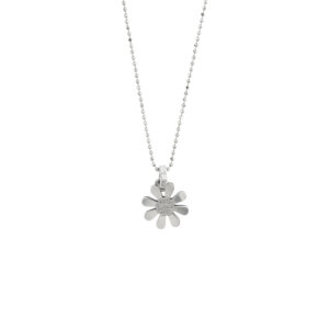 Collana maglia a pallini in oro bianco 18 kt con ciondolo a fiore: margherita con petali lucidi e centro diamantato.