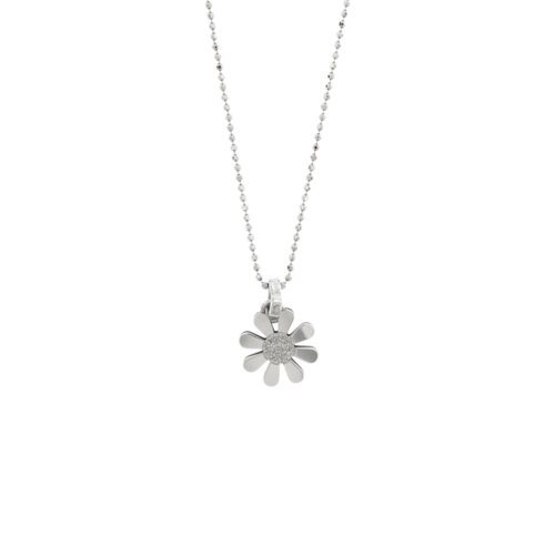 Collana maglia a pallini in oro bianco 18 kt con ciondolo a fiore: margherita con petali lucidi e centro diamantato.