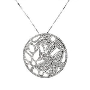 Collana in oro bianco 18 kt con ciondolo floreale e pavè di 450 diamanti naturali di forma rotonda taglio brillante da 0.01 ct cad. totale 4.5 ct - Colore GH e Purezza VS.