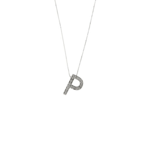 Collana maglia veneta in oro bianco 18 kt con ciondolo a forma di P con 15 diamanti taglio brillante da 0.01 ct cad. totale 0.15 ct - Colore GH e purezza VS.