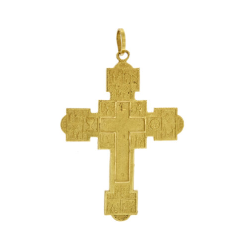 Ciondolo a forma di croce in oro giallo 18 kt con lavorazione grezza con rappresentazione delle 14 stazioni via Crucis.