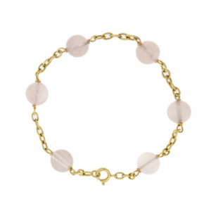 Bracciale maglia forzatina in oro giallo 18 kt con 6 sfere di quarzo rosa da 1 cm, chiusura con moschettone.