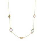 Collana maglia rolò in oro giallo 18 kt con 5 ovali colorati, taglio briolette: 2 ametiste, 1 quarzo fumé, 1 quarzo citrino e 1 topazio.