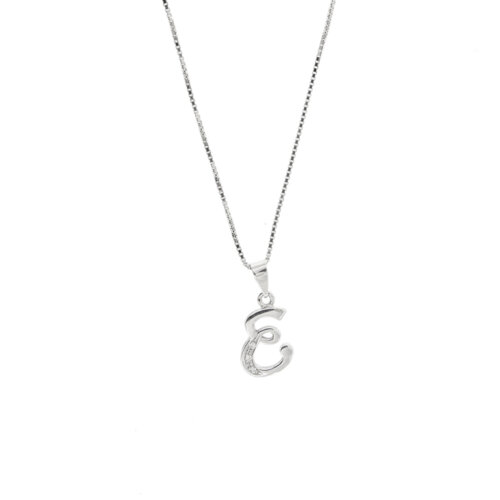 Collana maglia veneta in oro bianco 18 kt con ciondolo a forma di E con 3 diamanti taglio brillante da 0.01 ct cad. totale 0.03 ct - colore FG e purezza VS.