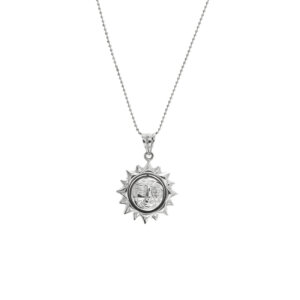 Collana maglia a pallini in oro bianco 18kt con ciondolo double face con da una parte il sole e dall’altra la luna girevole.