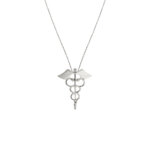 Collana maglia a pallini in oro bianco 18kt con ciondolo caduceo (bastone, ali e serpenti) simbolo della farmacia, rappresentante il veleno e la cura.