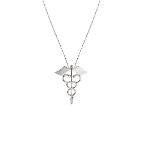 Collana maglia a pallini in oro bianco 18kt con ciondolo caduceo (bastone, ali e serpenti) simbolo della farmacia, rappresentante il veleno e la cura.