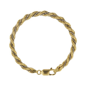 Bracciale maglia a corda in oro giallo intrecciata a maglia veneta in oro bianco 18kt con chiusura a moschettone.