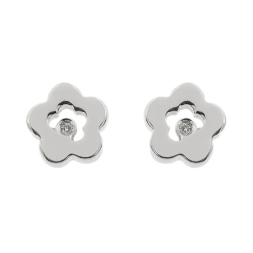 Orecchini a lobo a forma di fiore in oro bianco 18kt con 2 diamanti taglio brillante da 0.03 ct cad. totale 0,06 ct - colore FG e purezza VS; chiusura con perno e farfallina.