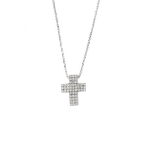 Collana maglia veneta in oro bianco 18kt con ciondolo a croce impreziosita da 51 diamanti taglio brillante da 0.012 ct cad. totale 0.61 ct - colore GH e purezza VS.