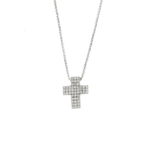 Collana maglia veneta in oro bianco 18kt con ciondolo a croce impreziosita da 51 diamanti taglio brillante da 0.012 ct cad. totale 0.61 ct - colore GH e purezza VS.