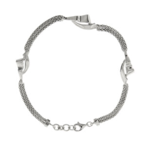 Bracciale doppia maglia pop corn in oro bianco 18 kt con 3 inserti a forma di barchetta a vela, chiusura a moschettone.