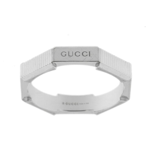 Anello fede originale in oro bianco 18kt a forma ottagonale rigata con logo Gucci, collezione Link To Love.