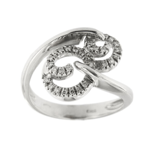 Anello contrarie con doppia spirale in oro bianco 18kt impreziosito da 31 diamanti da 0.01 ct cad. totale 0.31 ct - colore GH e purezza VS.