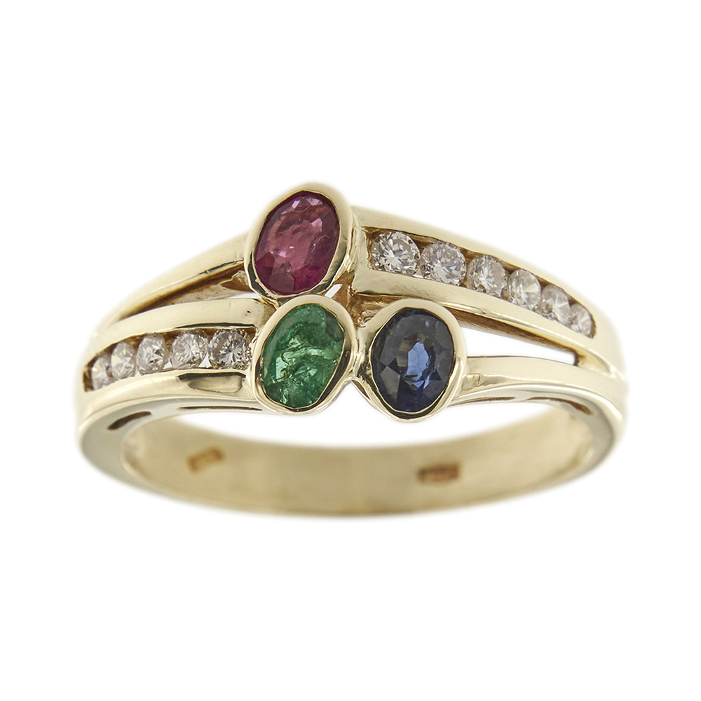 Ruby, emerald, sapphire and diamonds ring