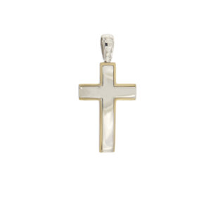 Ciondolo a forma di croce in oro bianco con bordo in oro giallo 18 kt e retro con rombi traforati.