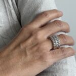 Foto gioiello indossata: anello tripla riviere in oro bianco con diamanti