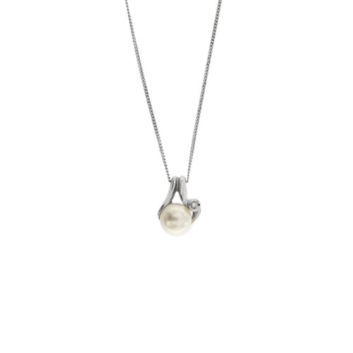 Collana maglia grumette fitta in oro bianco 18 kt con perla d’acqua salata da 8.5-9 mm, colore bianco, sfumatura grigia, ottima perlagione e diamante taglio brillante da 0.05 ct - colore FG e purezza VS.