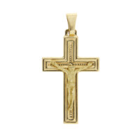 Ciondolo a forma di croce lavorata con Cristo in oro giallo 18kt satinato.