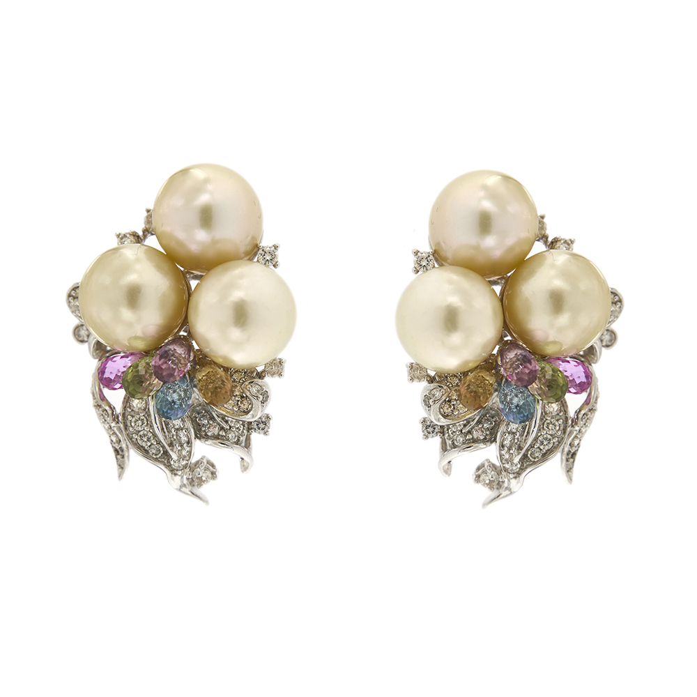 Earrings with pearls, colored stones and diamonds