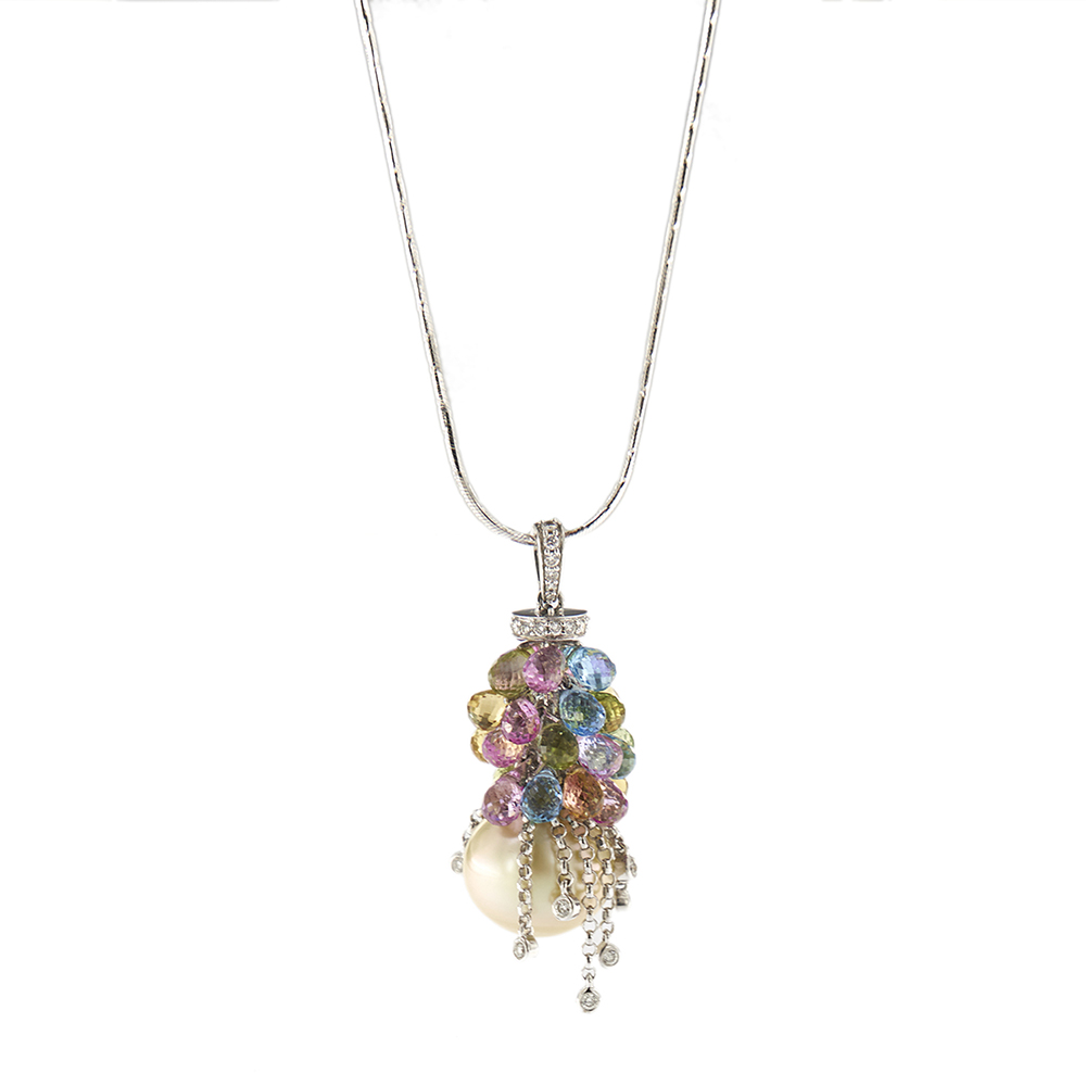 Necklace with pendant, pearl, colored stones and diamonds