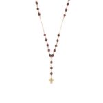 Collana rosario maglia rolo in oro giallo 18kt con 33 granati sfaccettati e finale a croce.