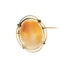 retro di spilla ovale in oro giallo con cammeo raffigurante volto di donna