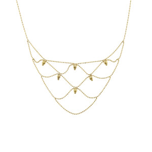 Collier maglia pallini in oro giallo 18kt con triangolo a rete e 6 pepite d’oro pendenti.