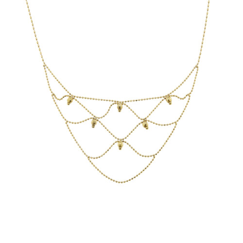 Collier maglia pallini in oro giallo 18kt con triangolo a rete e 6 pepite d’oro pendenti.