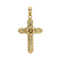 Ciondolo vintage a forma di croce decorato con filigrana e fiore centrale in oro giallo 18kt.