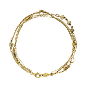 Bracciale multi fili in oro giallo 18kt composto da: una maglia a palline, uno maglia corda con fiore in oro bianco, luna in oro rosa e cuore in oro giallo e uno maglia rolò con inserti di maglia marina 3 ori, 5 anellini, 3 cuori e un fiocco.