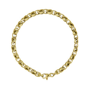 Bracciale originale, maglia grumette lavorata ed alternata ad anelli bombati lucidi in oro giallo 18kt.